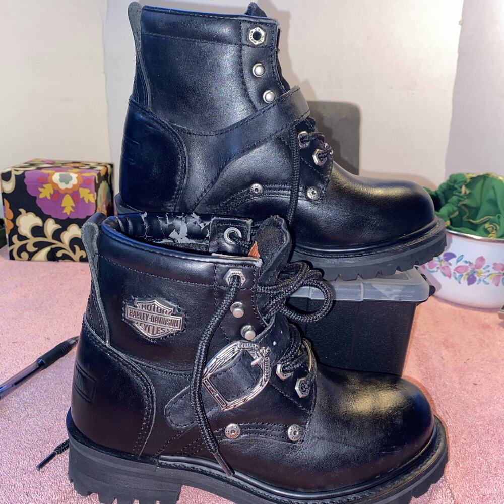 Harley Davidson Womens Black Leather Motorcycle Laced Boot Faded Glory Size 5.5
